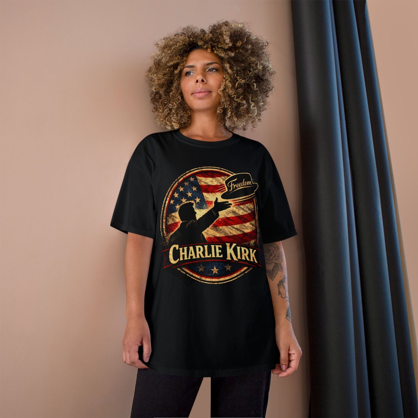 Charlie Kirk Freedom Hat Champion Brand T-Shirt