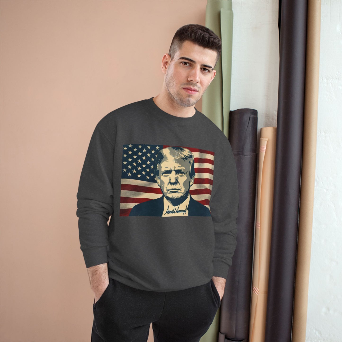 President Trump American Flag Signature Champion Brand Crewneck Sweatshirt