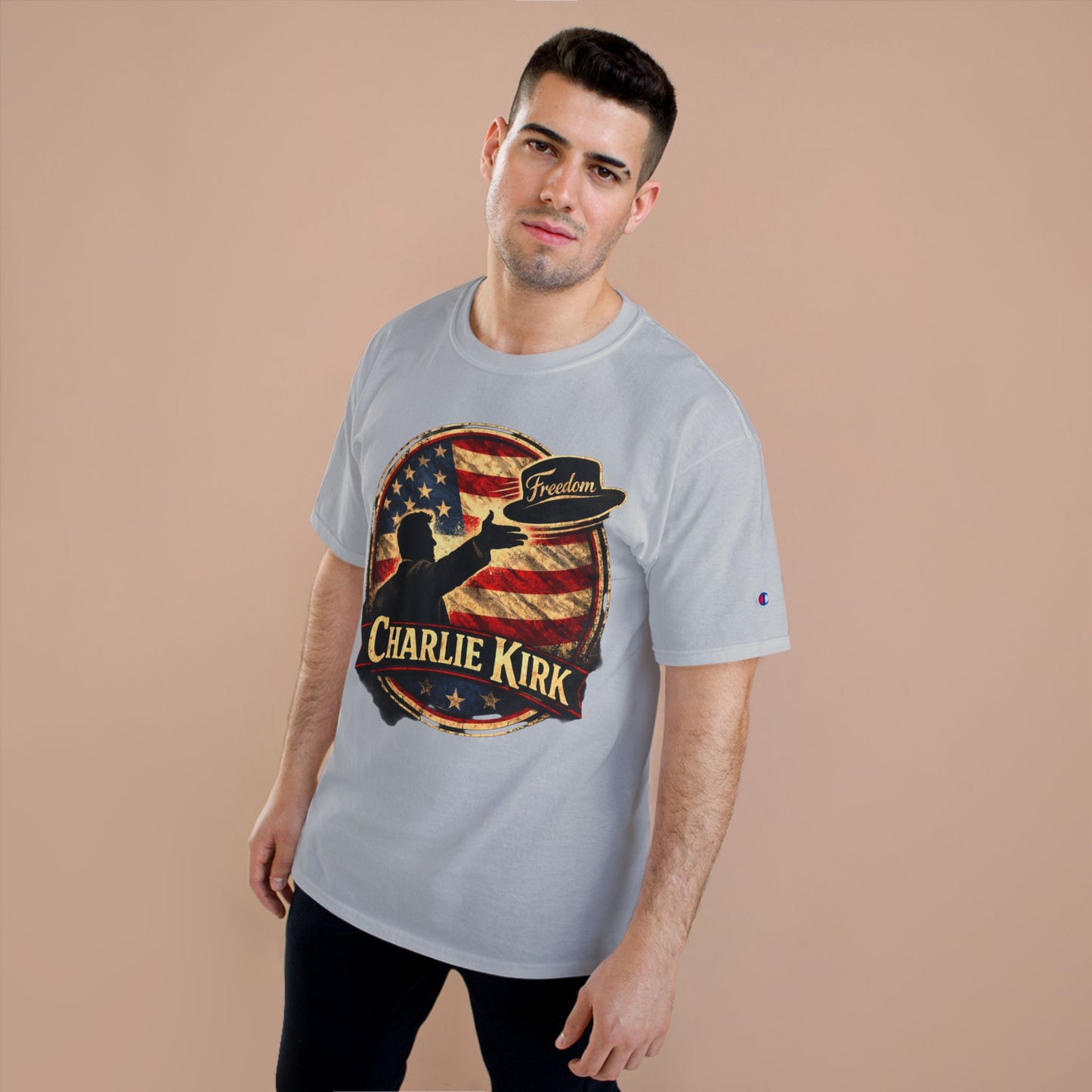 Charlie Kirk Freedom Hat Champion Brand T-Shirt