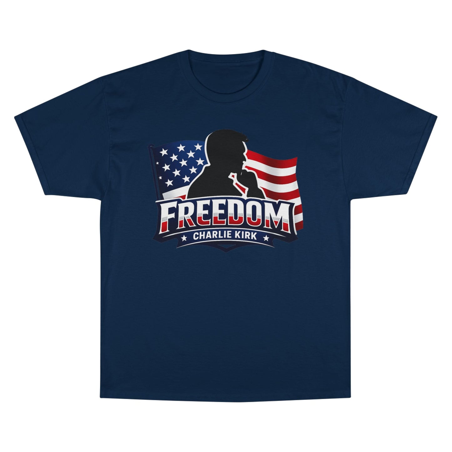 Charlie Kirk FREEDOM Champion Brand T-Shirt — American Flag Tee