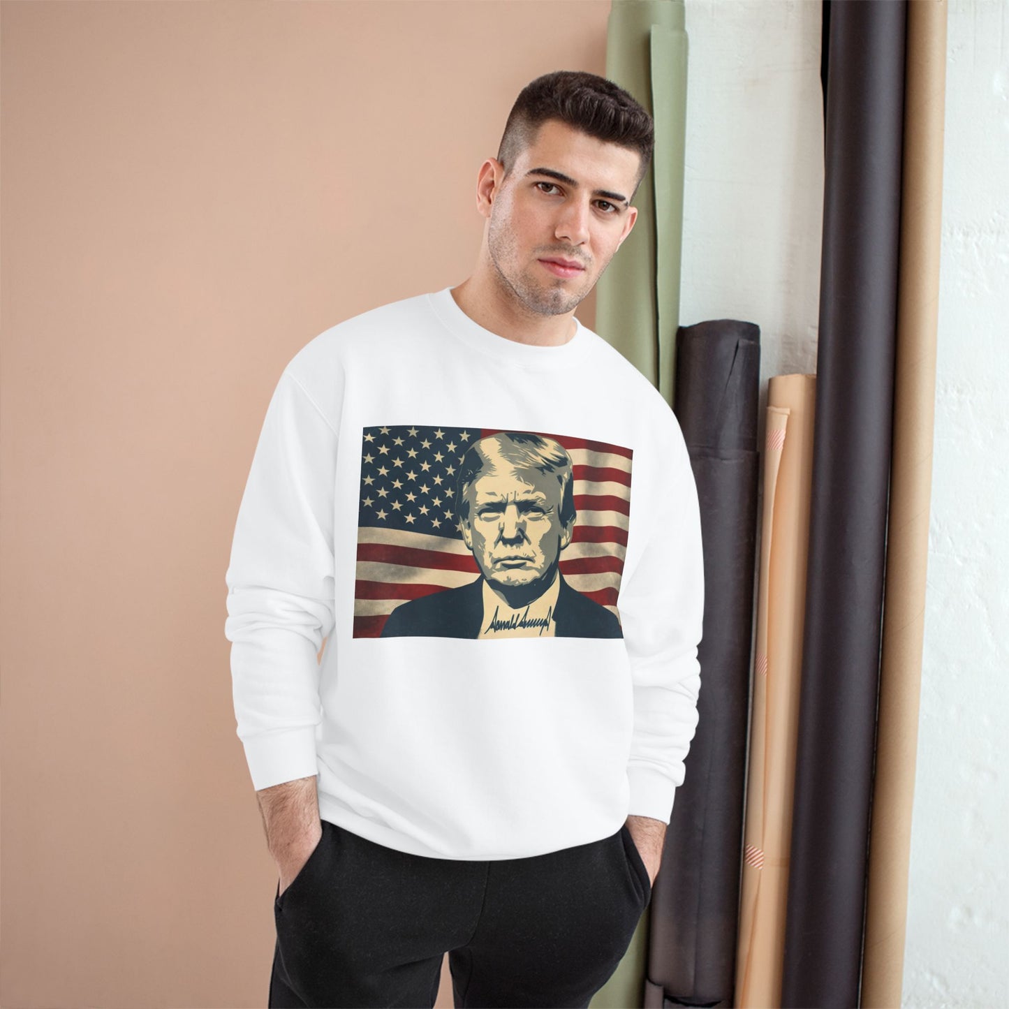 President Trump American Flag Signature Champion Brand Crewneck Sweatshirt