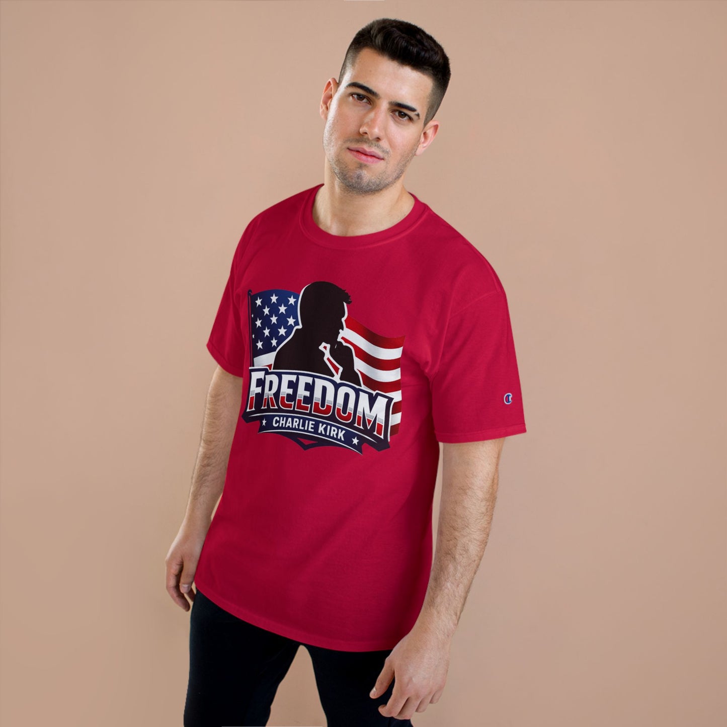 Charlie Kirk FREEDOM Champion Brand T-Shirt — American Flag Tee