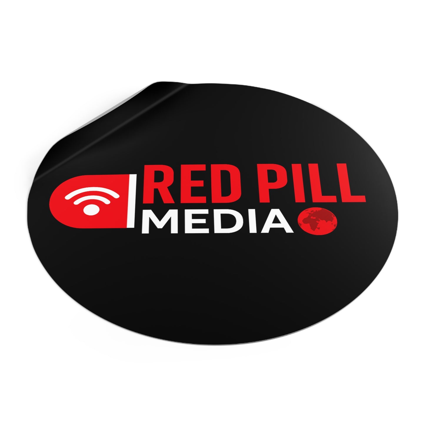 Red Pill Media Logo Round Vinyl Sticker — Black Tech Podcast Emblem