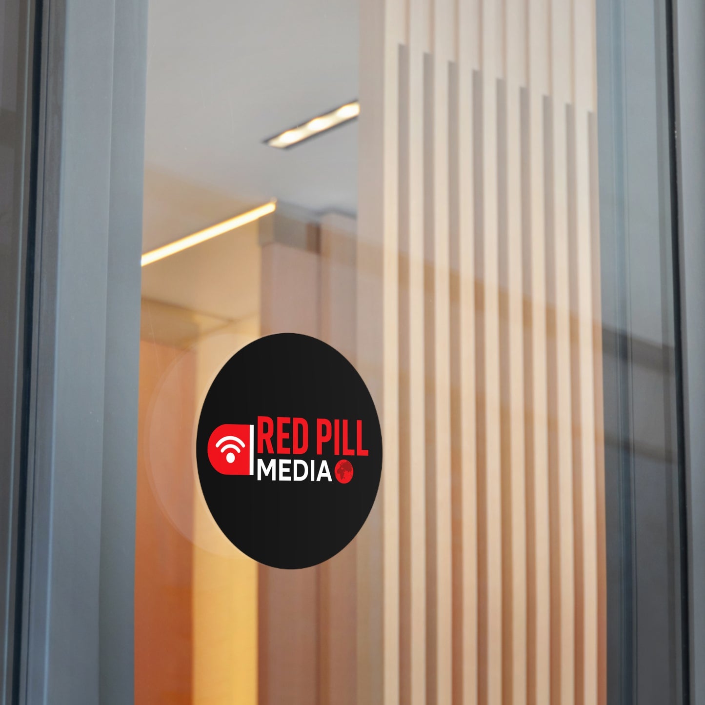 Red Pill Media Logo Round Vinyl Sticker — Black Tech Podcast Emblem