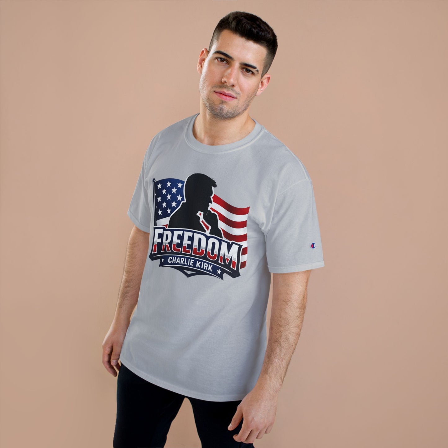 Charlie Kirk FREEDOM Champion Brand T-Shirt — American Flag Tee