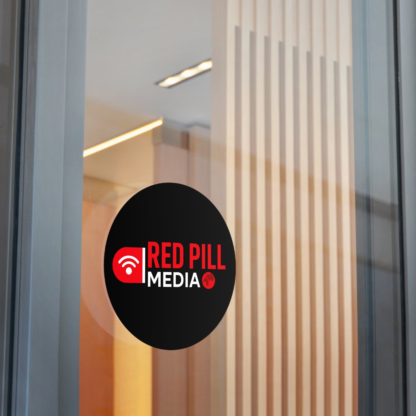 Red Pill Media Logo Round Vinyl Sticker — Black Tech Podcast Emblem