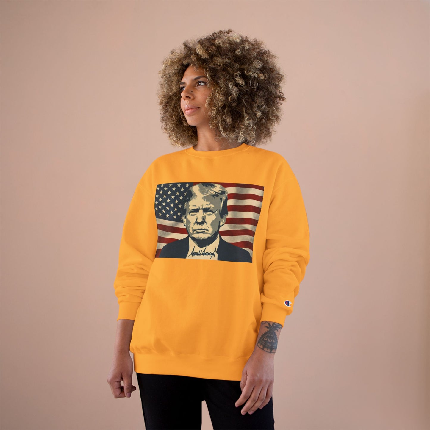 President Trump American Flag Signature Champion Brand Crewneck Sweatshirt
