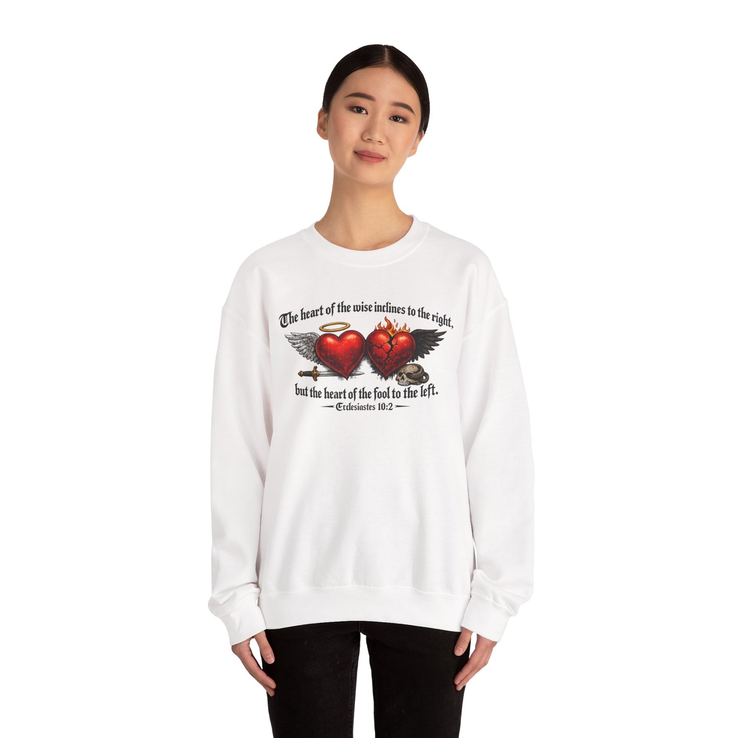 Ecclesiastes 10:2 Winged Hearts Conservative & Liberal Meanings~ Gildan Brand Crewneck Sweatshirt