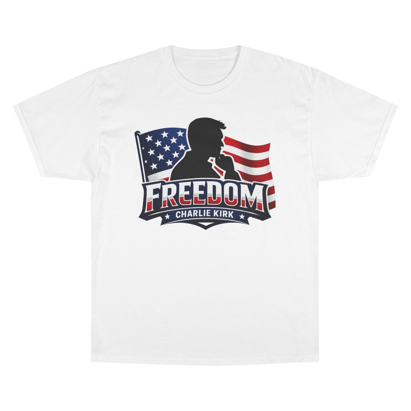 Charlie Kirk FREEDOM Champion Brand T-Shirt — American Flag Tee
