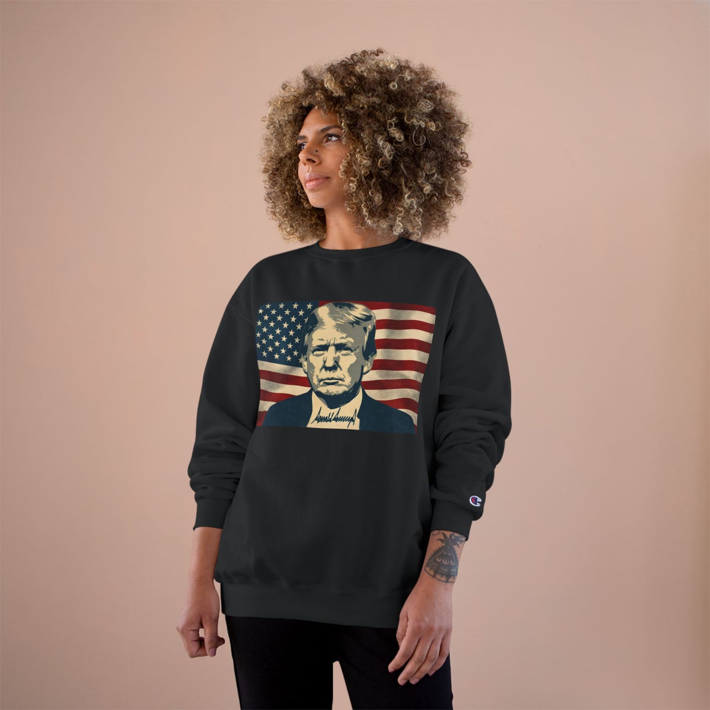 President Trump American Flag Signature Champion Brand Crewneck Sweatshirt