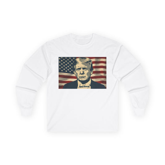 President Trump American Flag Signature Gildan Brand Long Sleeve Tee