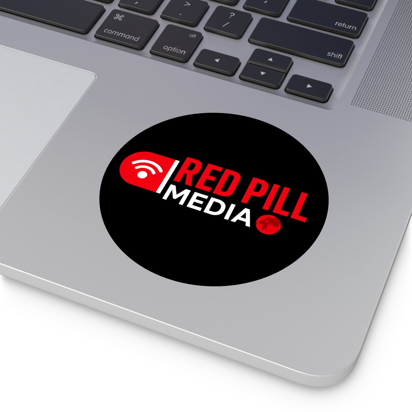 Red Pill Media Logo Round Vinyl Sticker — Black Tech Podcast Emblem