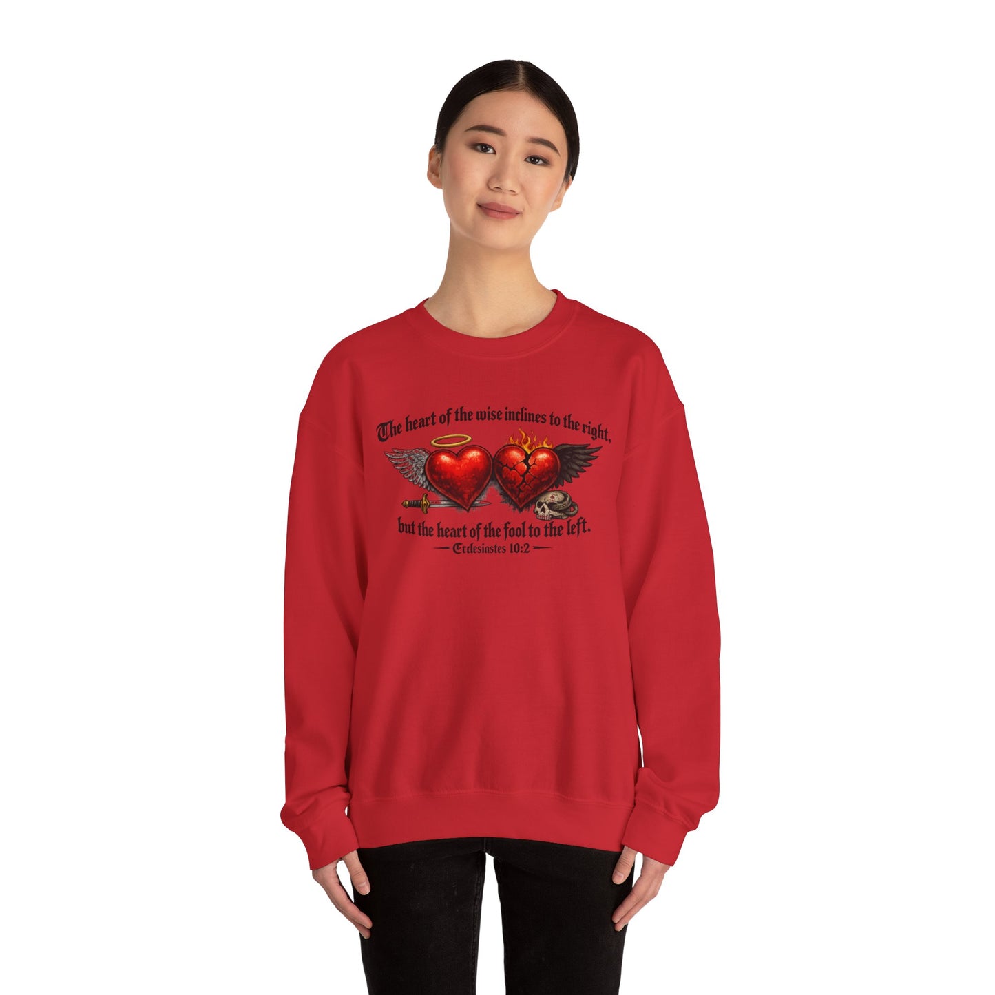 Ecclesiastes 10:2 Winged Hearts Conservative & Liberal Meanings~ Gildan Brand Crewneck Sweatshirt