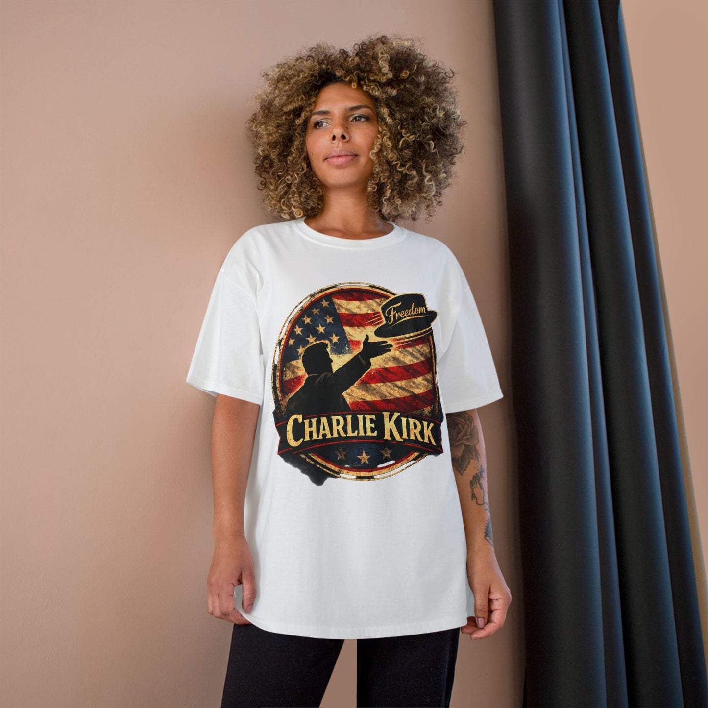 Charlie Kirk Freedom Hat Champion Brand T-Shirt