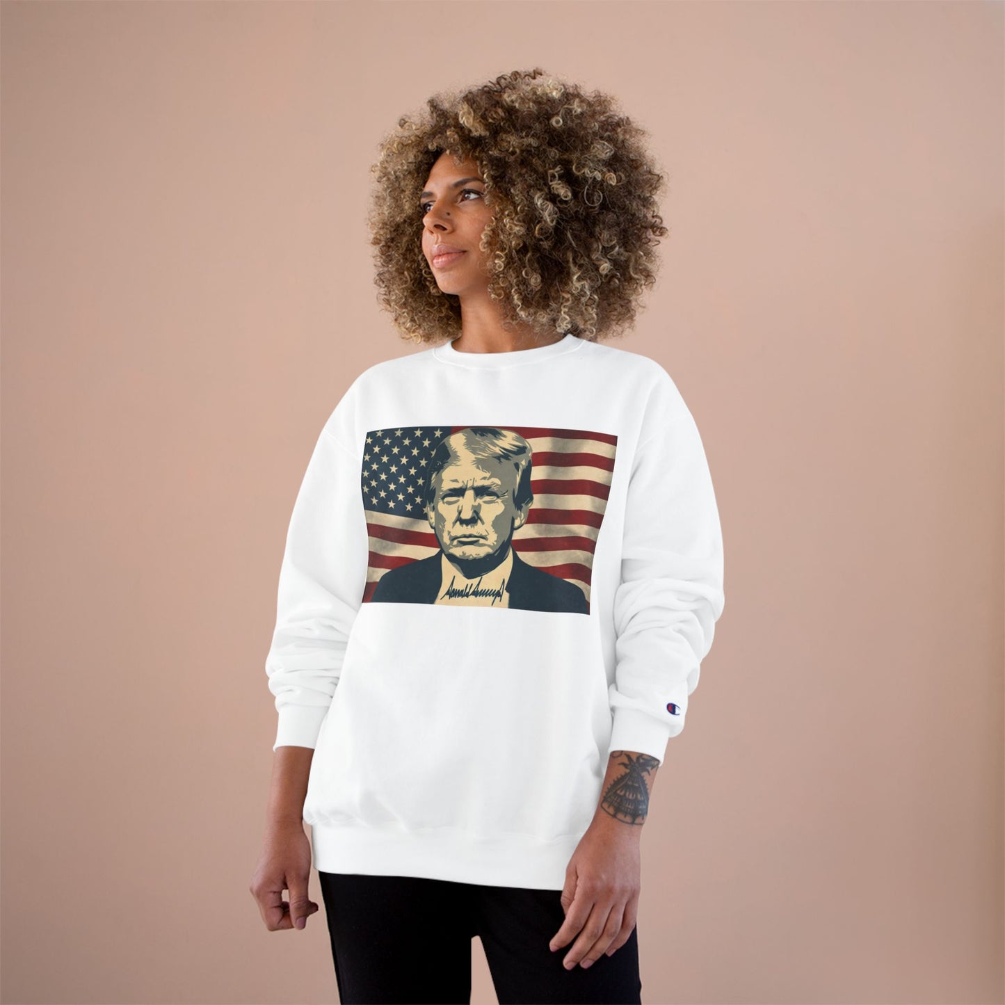 President Trump American Flag Signature Champion Brand Crewneck Sweatshirt