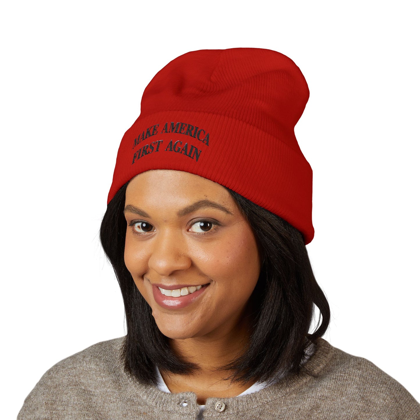 Embroidered Black 'Make America First Again' Cuffed Beanie