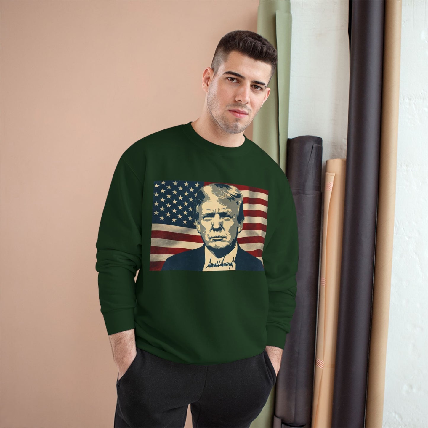 President Trump American Flag Signature Champion Brand Crewneck Sweatshirt