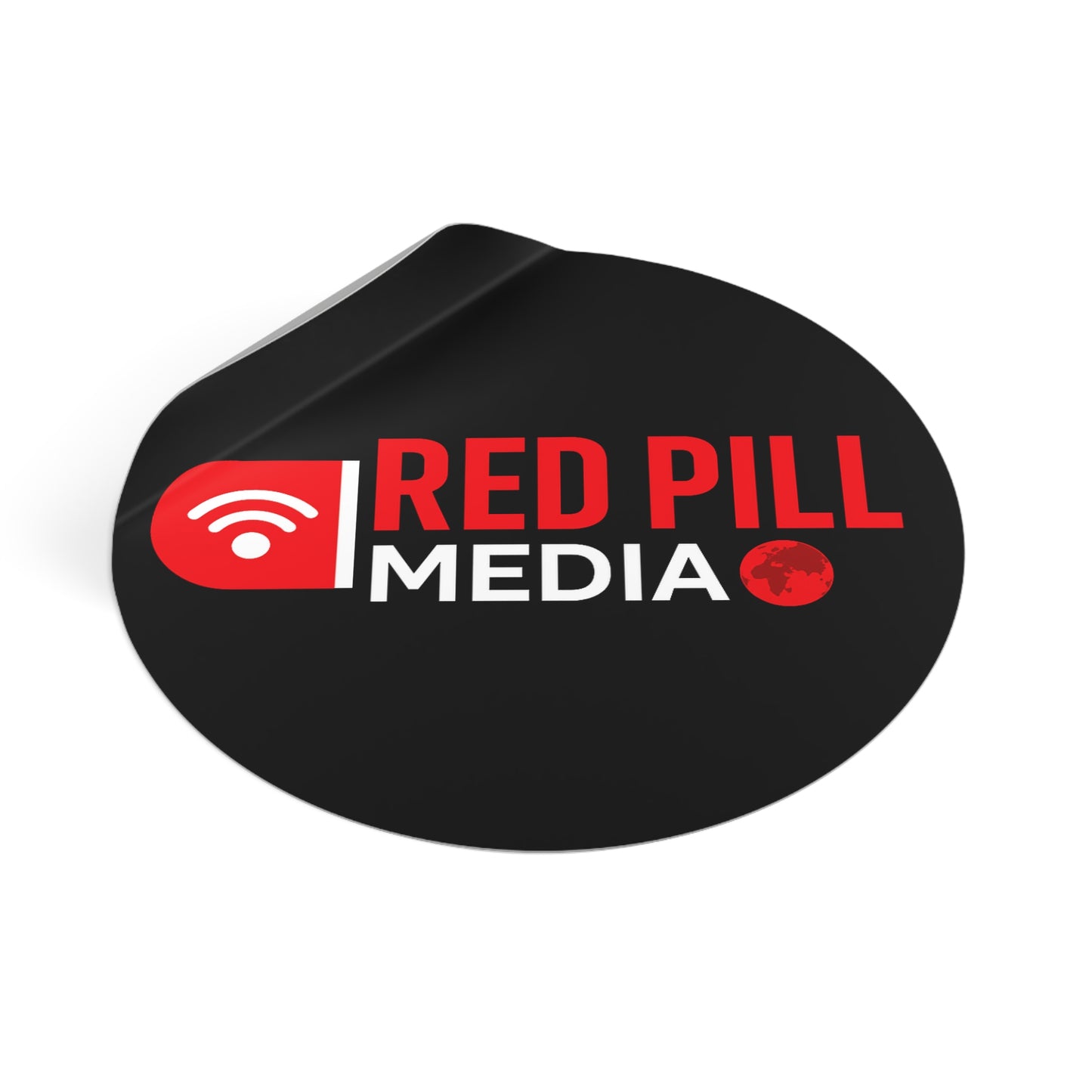 Red Pill Media Logo Round Vinyl Sticker — Black Tech Podcast Emblem