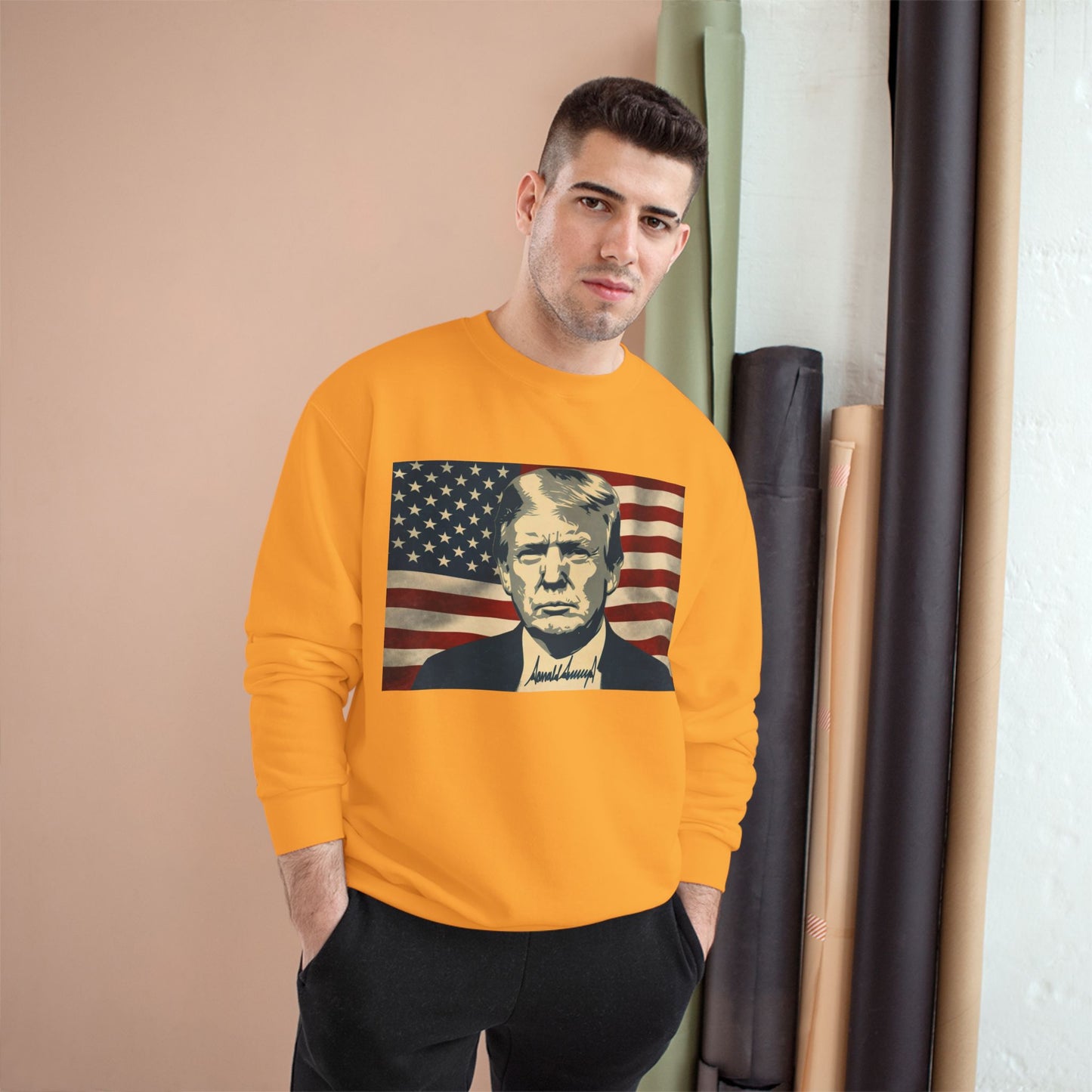 President Trump American Flag Signature Champion Brand Crewneck Sweatshirt