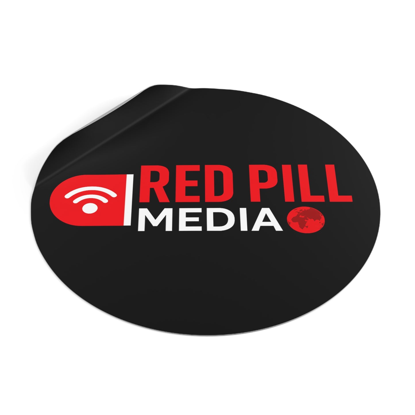 Red Pill Media Logo Round Vinyl Sticker — Black Tech Podcast Emblem