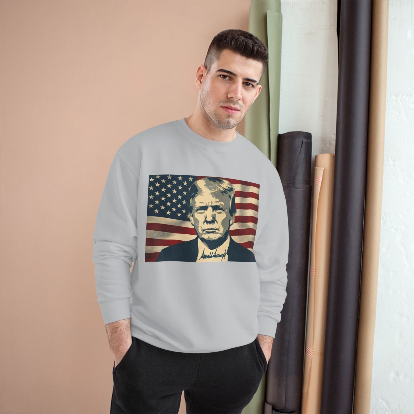 President Trump American Flag Signature Champion Brand Crewneck Sweatshirt