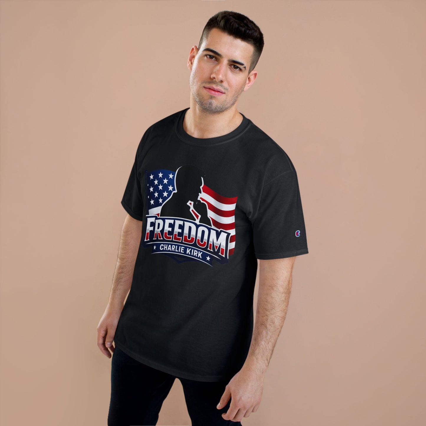Charlie Kirk FREEDOM Champion Brand T-Shirt — American Flag Tee