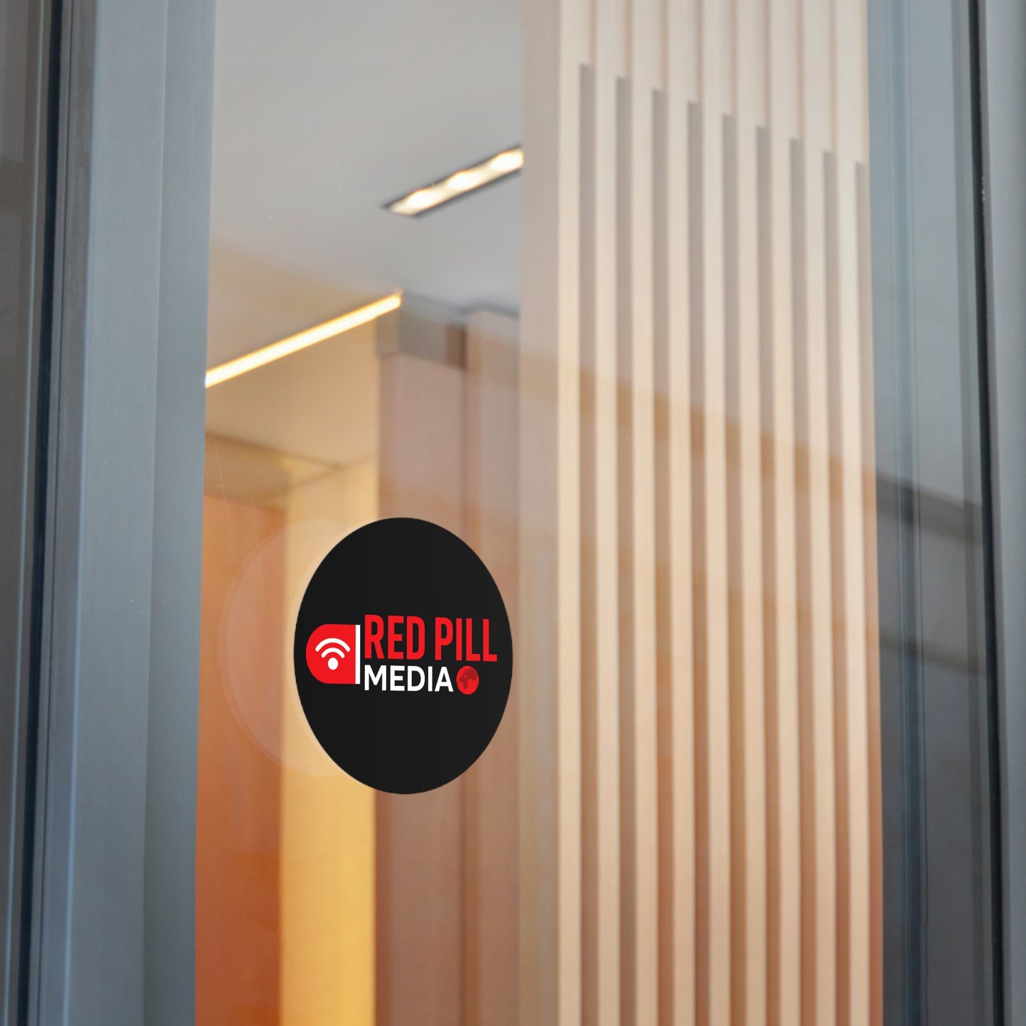 Red Pill Media Logo Round Vinyl Sticker — Black Tech Podcast Emblem