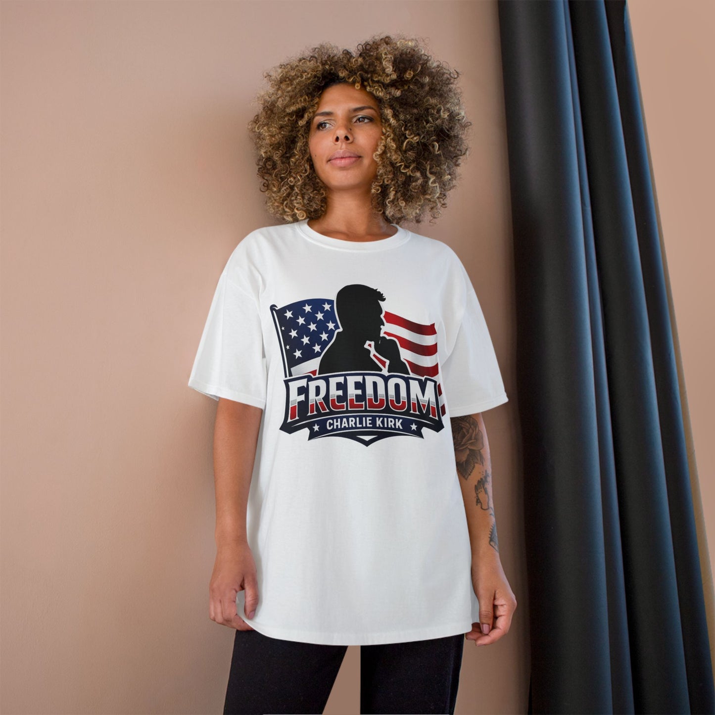 Charlie Kirk FREEDOM Champion Brand T-Shirt — American Flag Tee