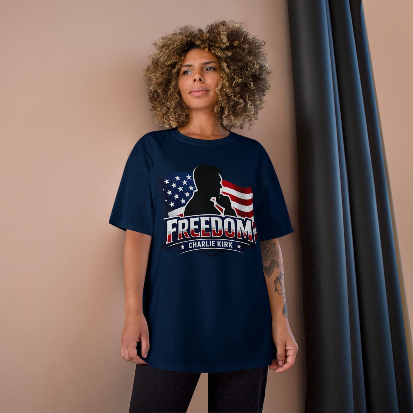 Charlie Kirk FREEDOM Champion Brand T-Shirt — American Flag Tee