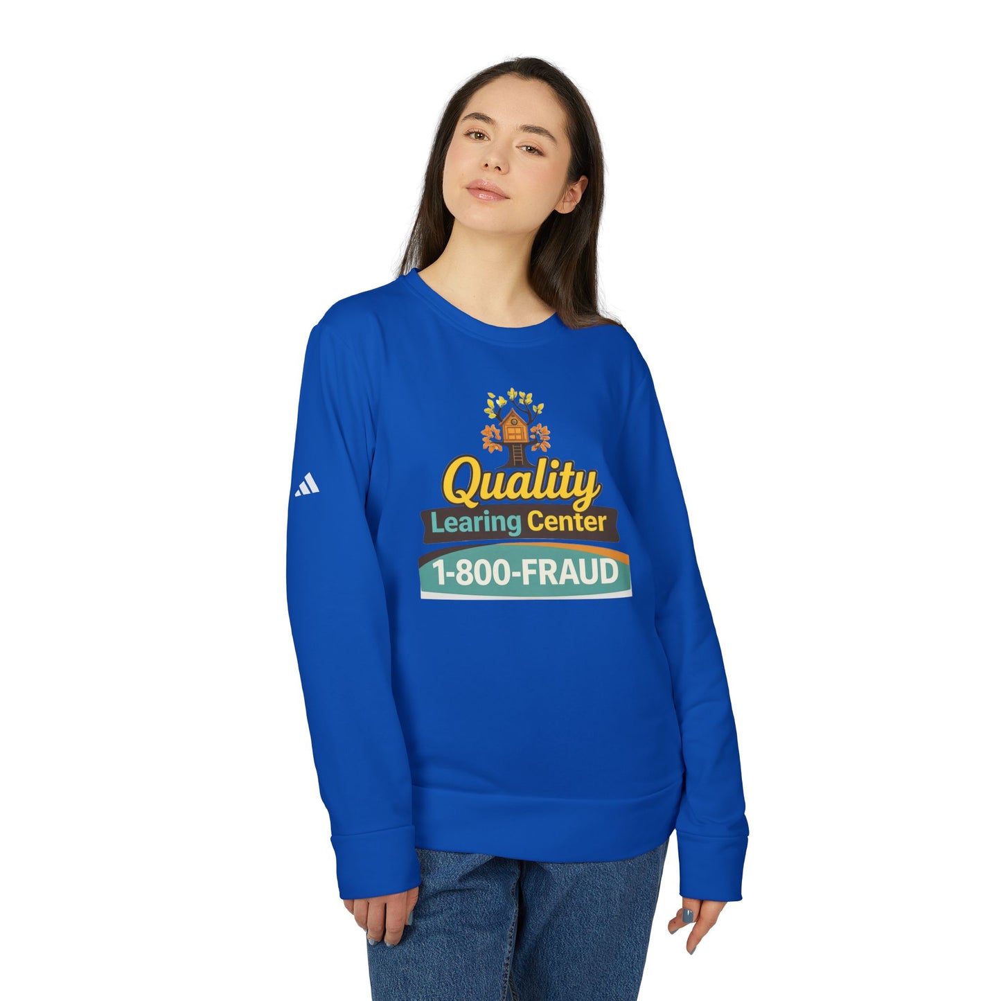 "Quality Learing Center" 1-800-FRAUD Adidas Brand Crewneck Sweatshirt