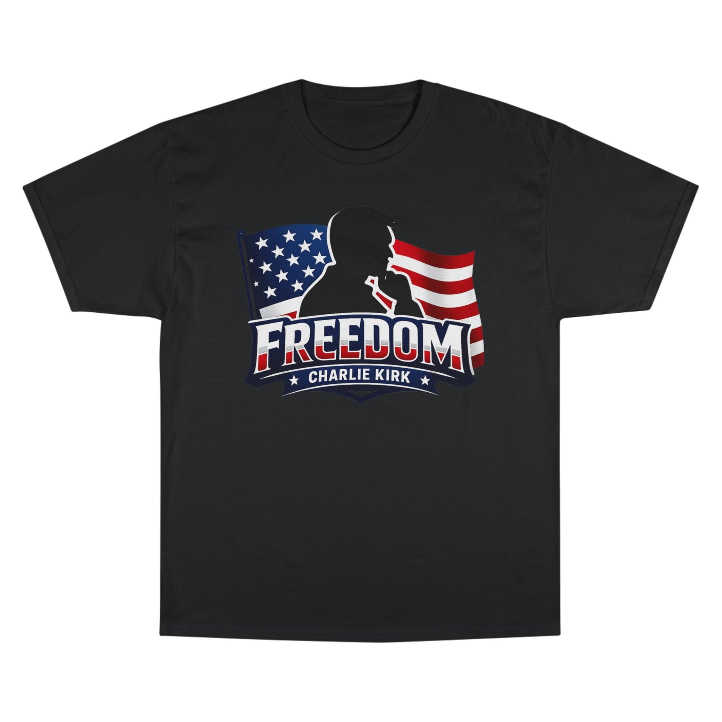 Charlie Kirk FREEDOM Champion Brand T-Shirt — American Flag Tee
