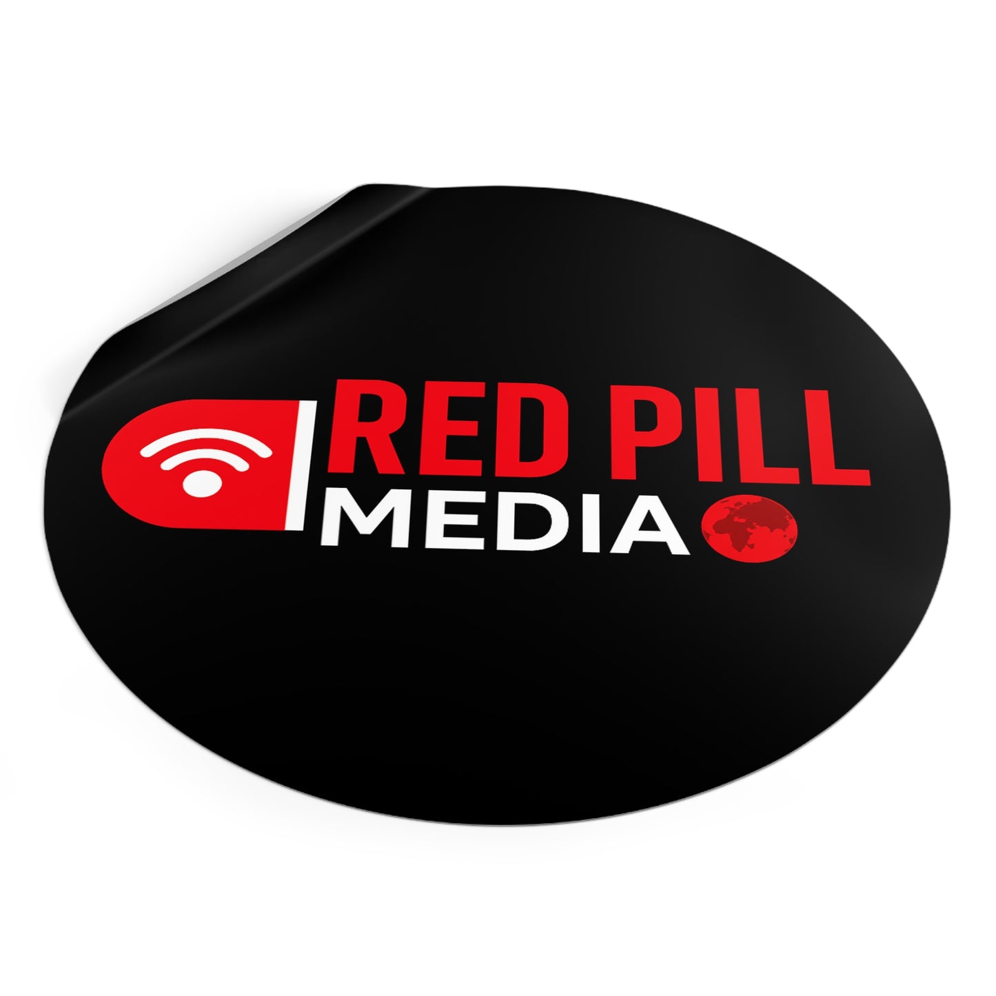 Red Pill Media Logo Round Vinyl Sticker — Black Tech Podcast Emblem