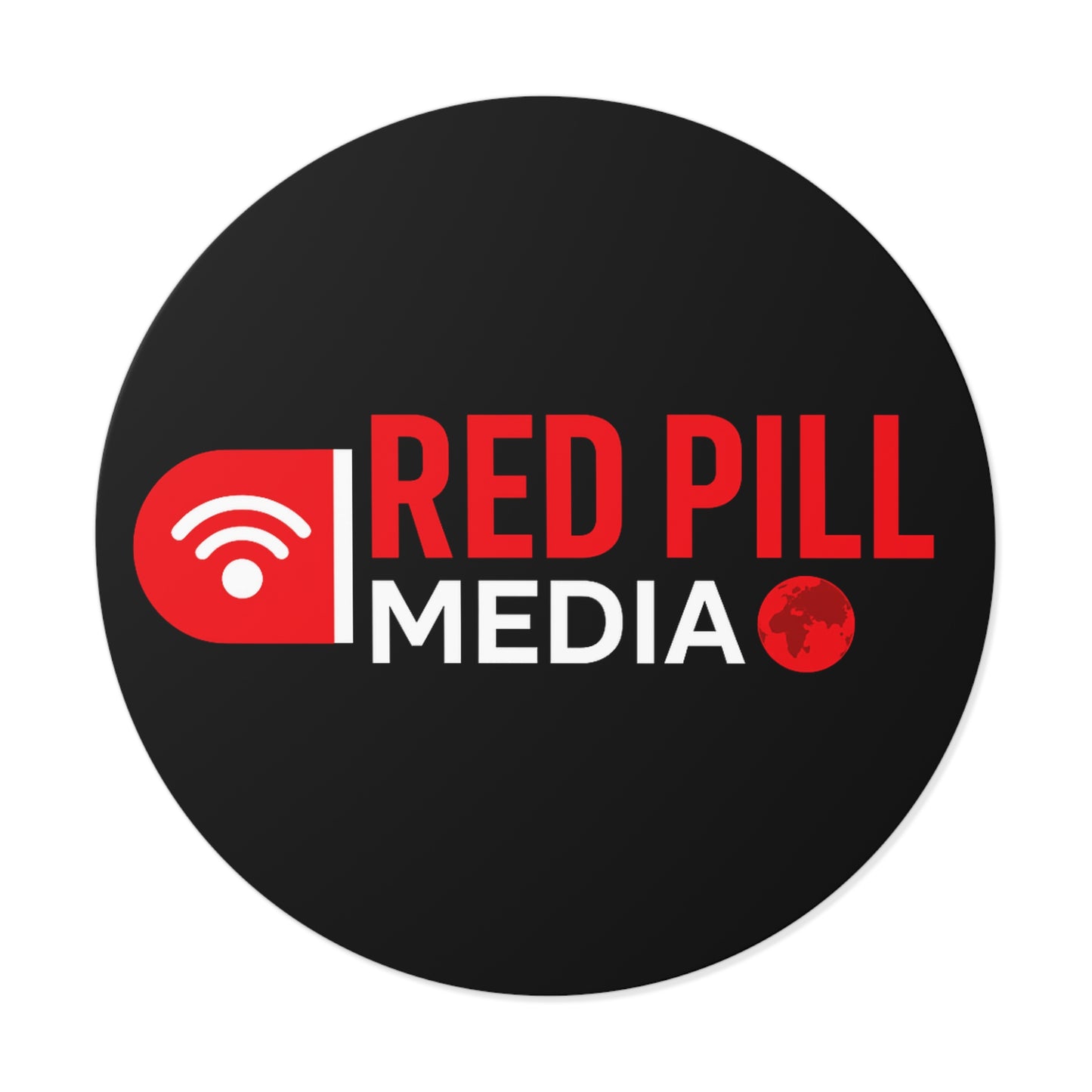 Red Pill Media Logo Round Vinyl Sticker — Black Tech Podcast Emblem