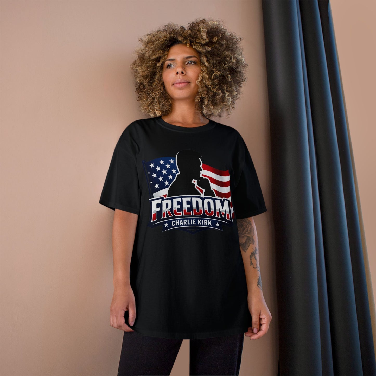Charlie Kirk FREEDOM Champion Brand T-Shirt — American Flag Tee