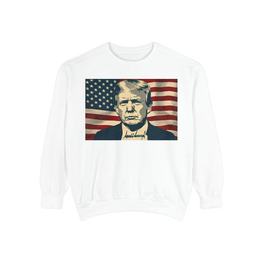 President Trump American Flag Signature Gildan Brand Crewneck Sweatshirt