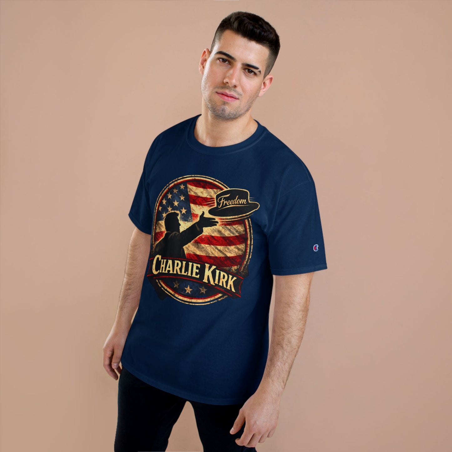 Charlie Kirk Freedom Hat Champion Brand T-Shirt