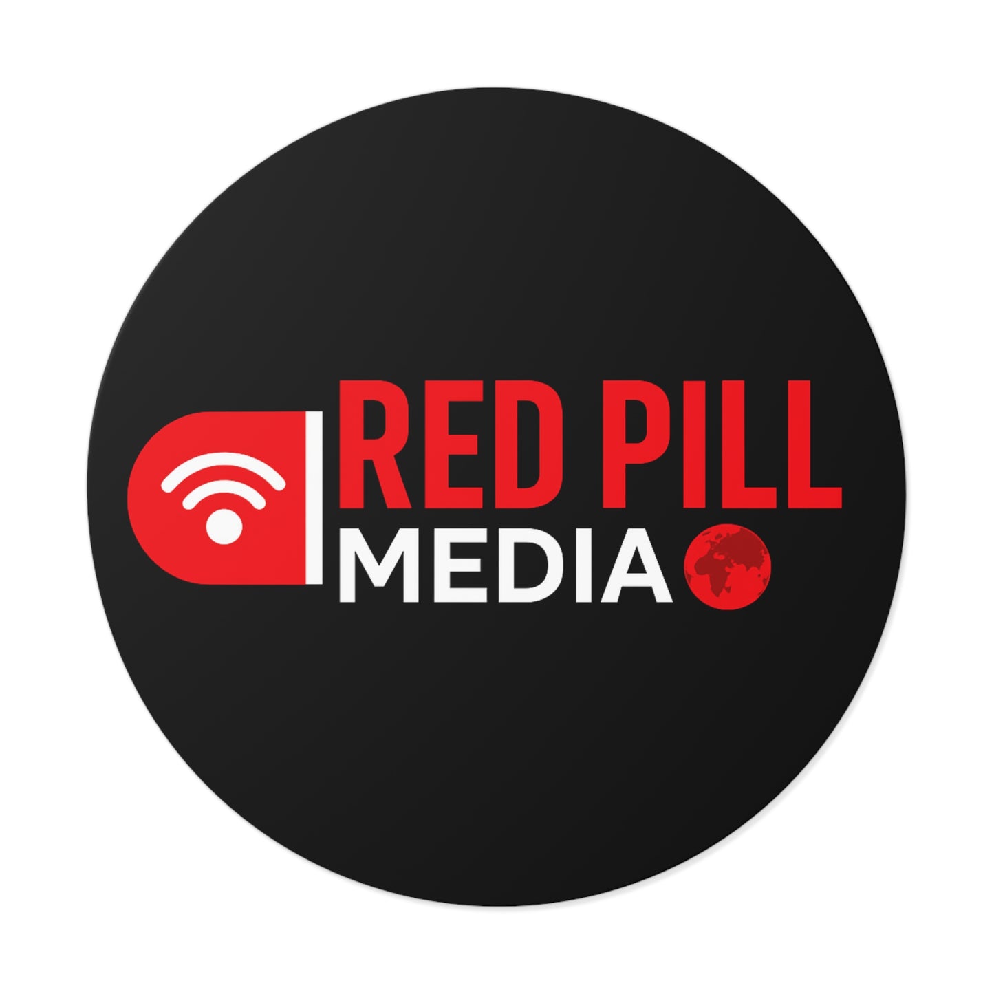 Red Pill Media Logo Round Vinyl Sticker — Black Tech Podcast Emblem