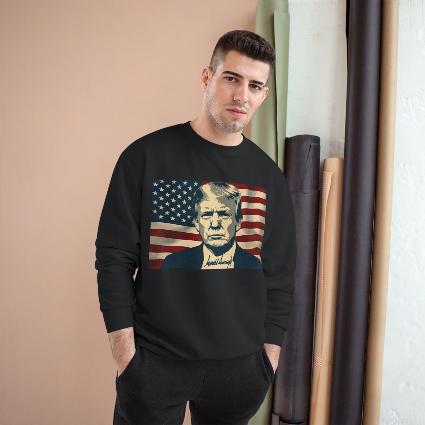 President Trump American Flag Signature Champion Brand Crewneck Sweatshirt