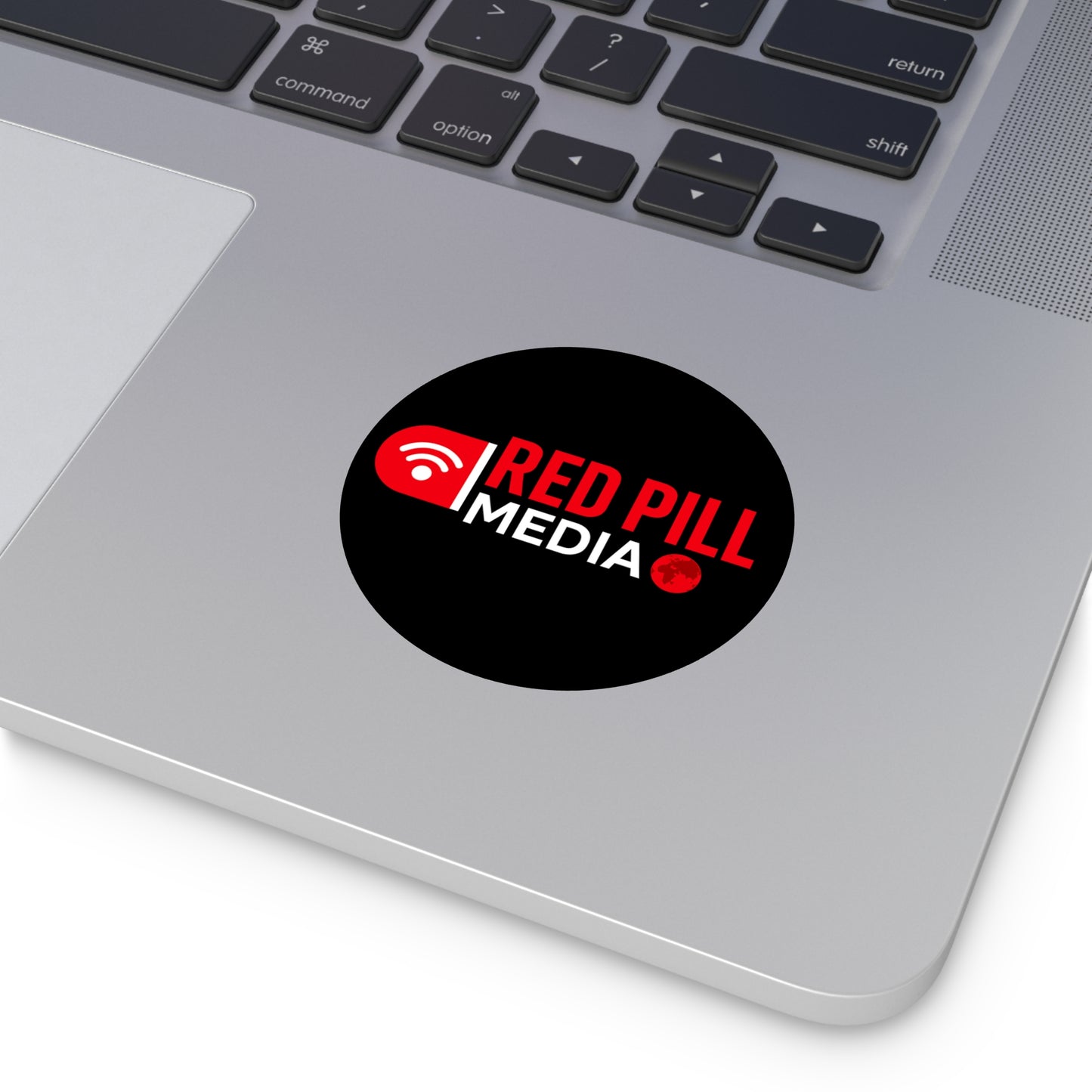 Red Pill Media Logo Round Vinyl Sticker — Black Tech Podcast Emblem