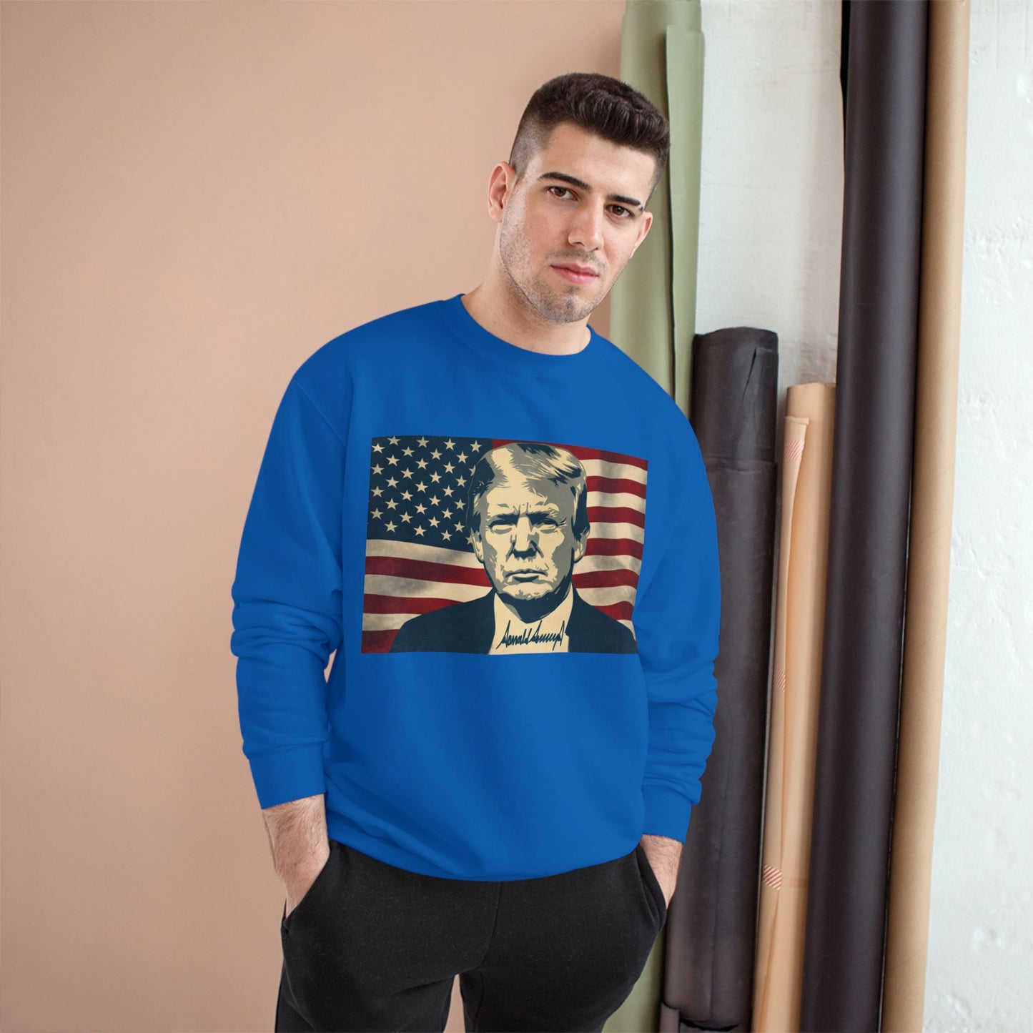 President Trump American Flag Signature Champion Brand Crewneck Sweatshirt