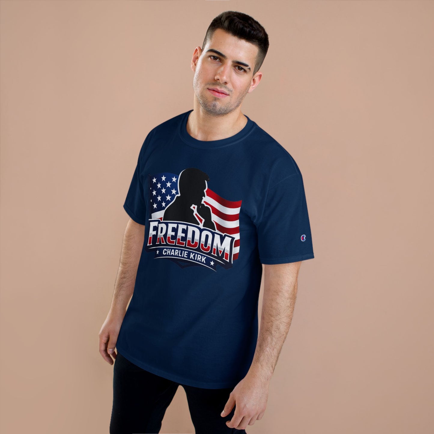Charlie Kirk FREEDOM Champion Brand T-Shirt — American Flag Tee