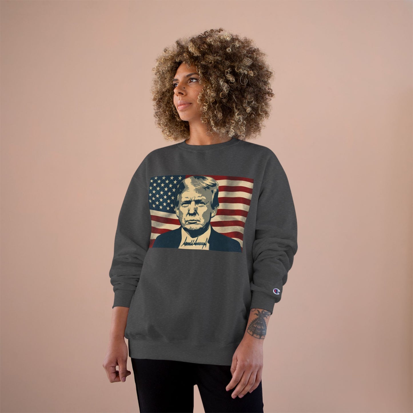 President Trump American Flag Signature Champion Brand Crewneck Sweatshirt