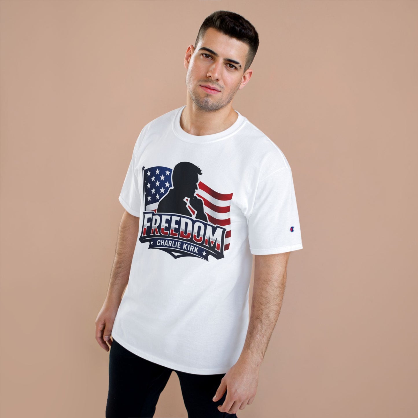 Charlie Kirk FREEDOM Champion Brand T-Shirt — American Flag Tee