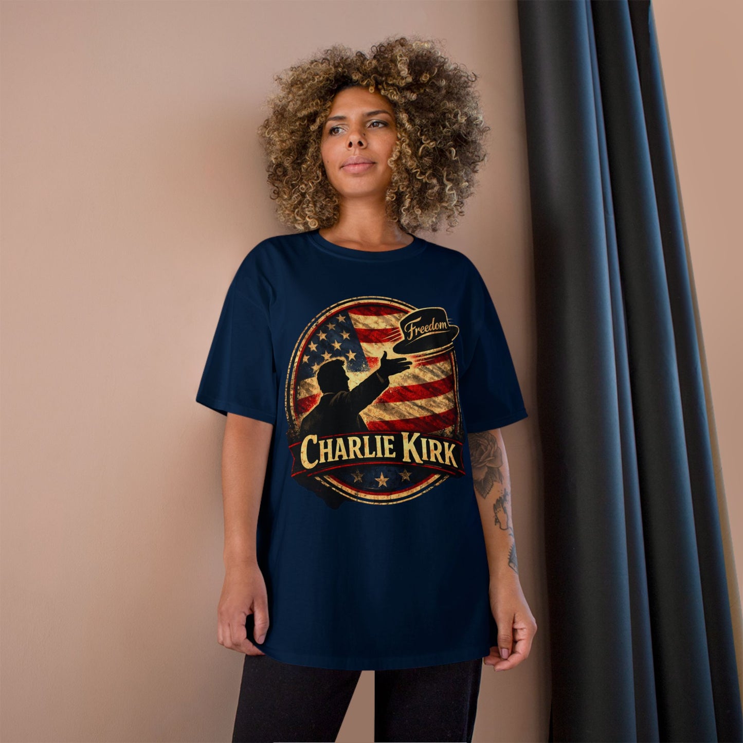 Charlie Kirk Freedom Hat Champion Brand T-Shirt