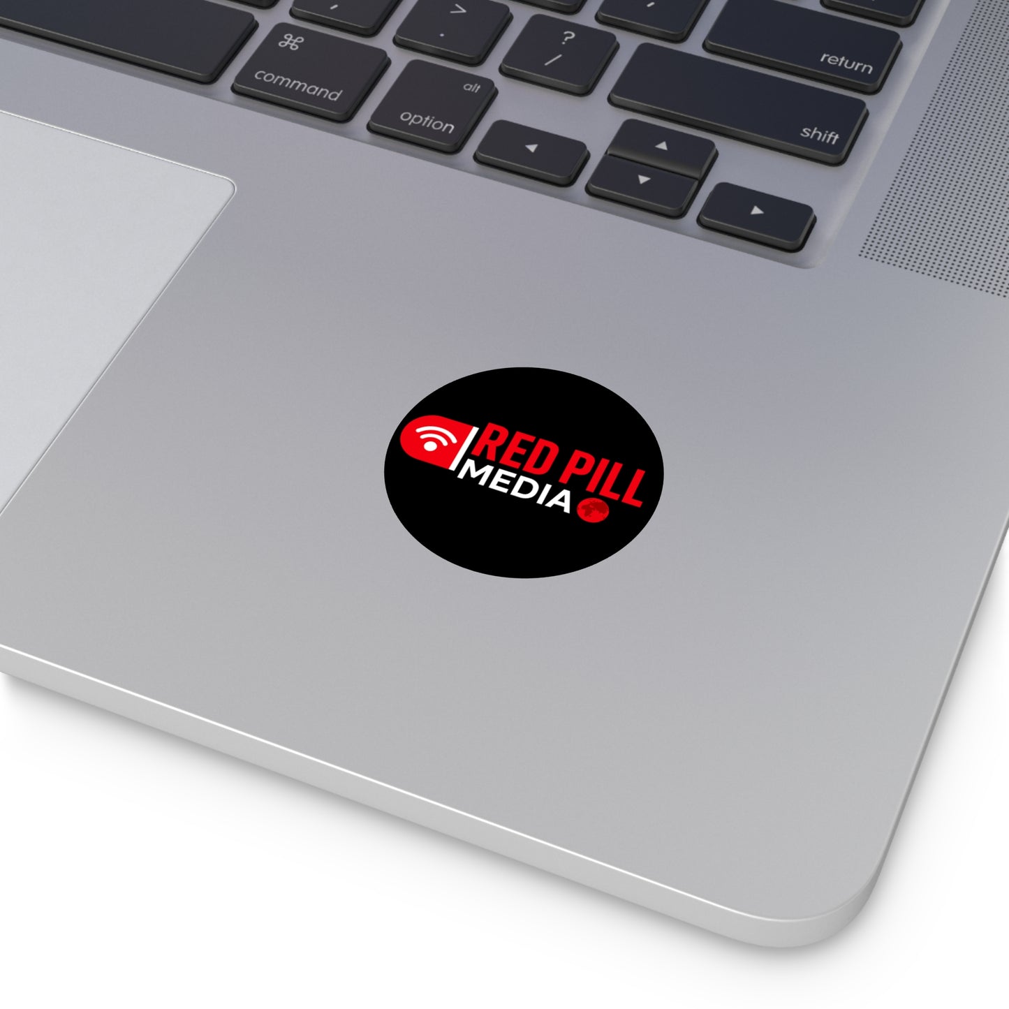 Red Pill Media Logo Round Vinyl Sticker — Black Tech Podcast Emblem