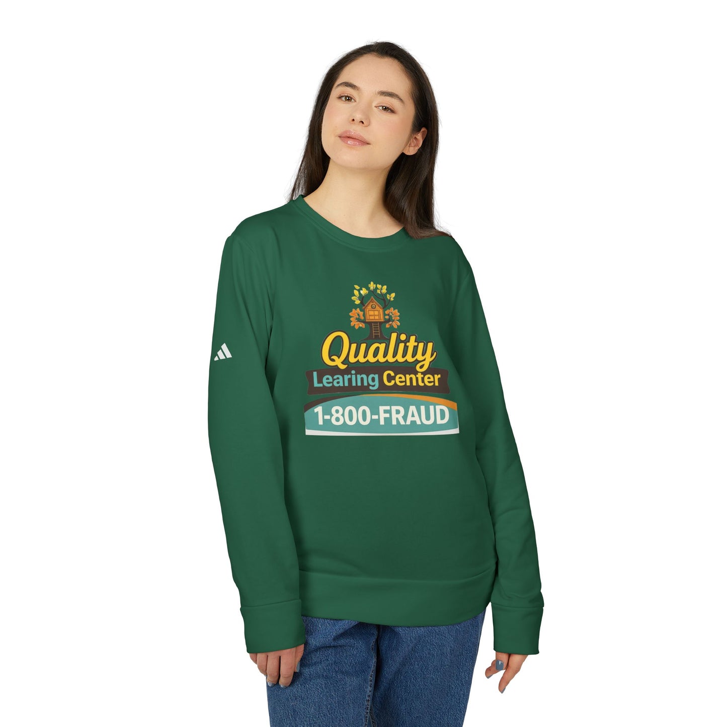 "Quality Learing Center" 1-800-FRAUD Adidas Brand Crewneck Sweatshirt