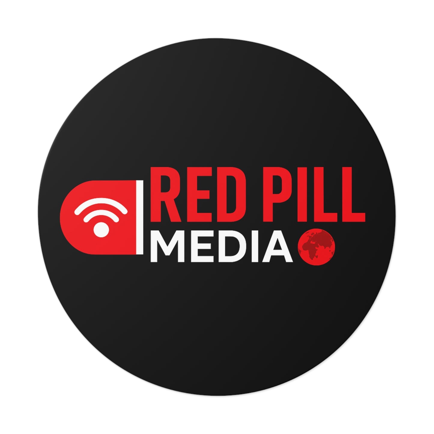 Red Pill Media Logo Round Vinyl Sticker — Black Tech Podcast Emblem