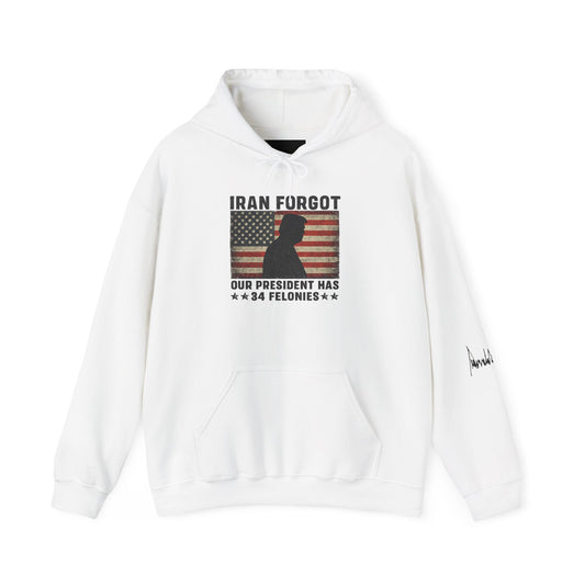 "Iran Forgot, Our President Has 34 Felonies" President Trump Signature Gildan Brand Hoodie