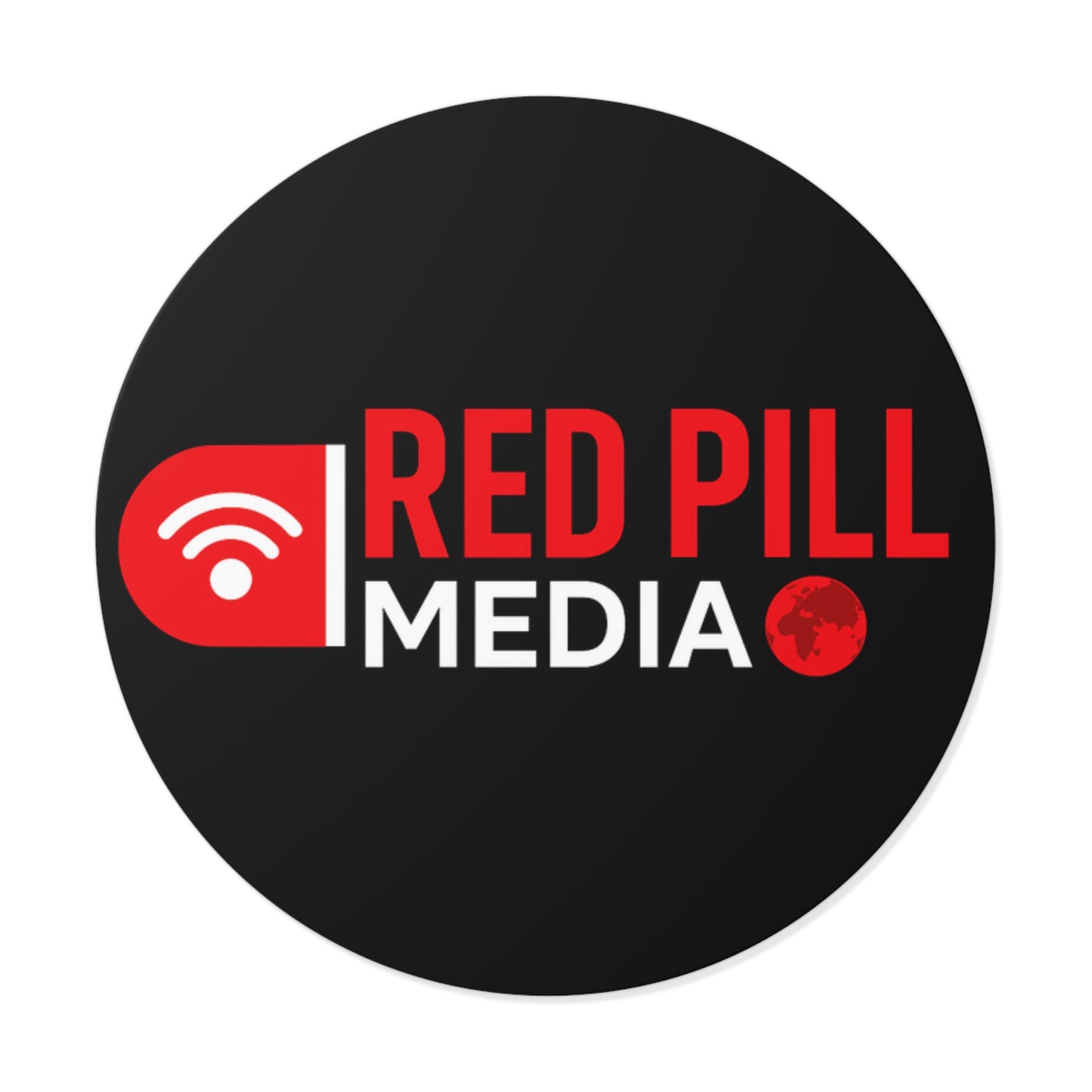 Red Pill Media Logo Round Vinyl Sticker — Black Tech Podcast Emblem