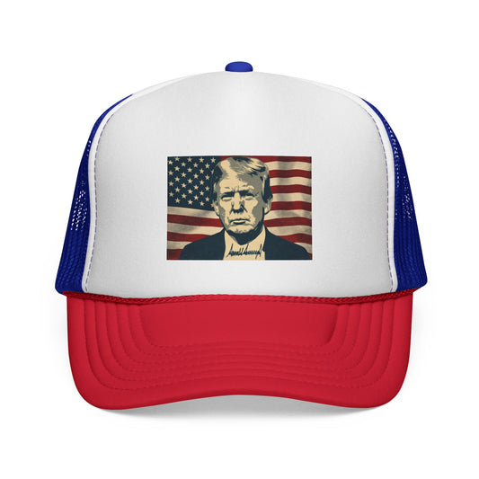 President Trump American Flag Signature Trucker Hat